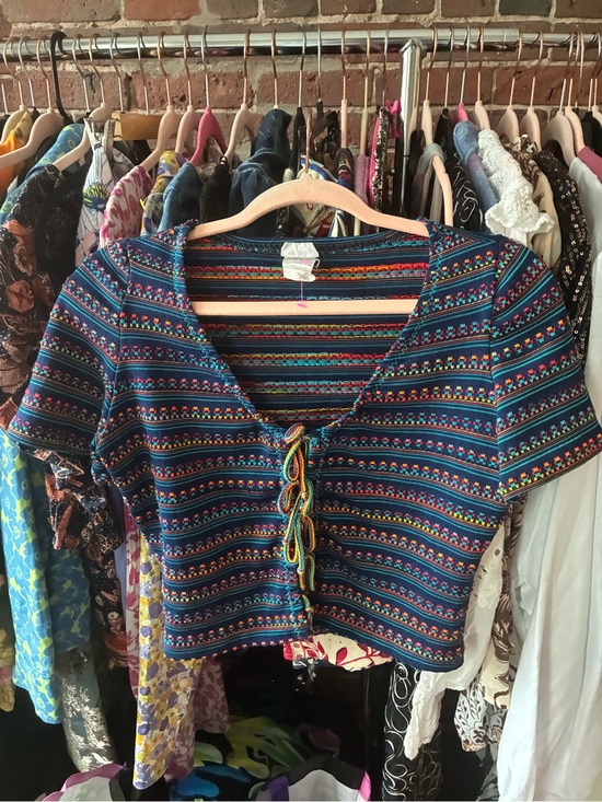 Vintage Tops - Vintage Navy Multicolor Striped Tie-Front Crop Top